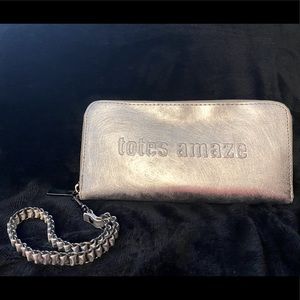 Large reflective crosshatch wristlet wallet or phone holder saying “Totes Amaze”